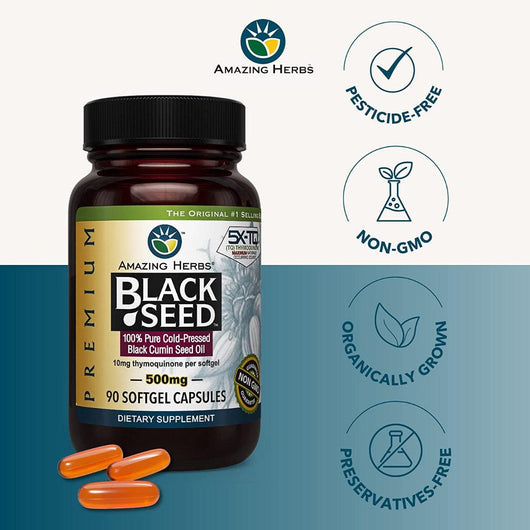 Amazing Herbs Premium Black Seed Oil Capsules 500mg High Potency Cold Pressed Nigella Sativa 90 Softgels