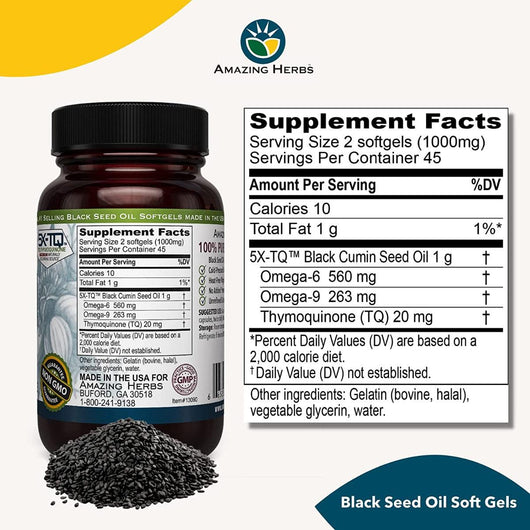 Amazing Herbs Premium Black Seed Oil Capsules 500mg High Potency Cold Pressed Nigella Sativa 90 Softgels