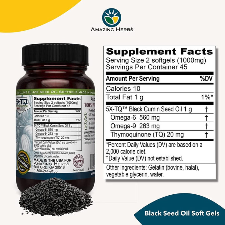 Amazing Herbs Premium Black Seed Oil Capsules 500mg High Potency Cold Pressed Nigella Sativa 90 Softgels