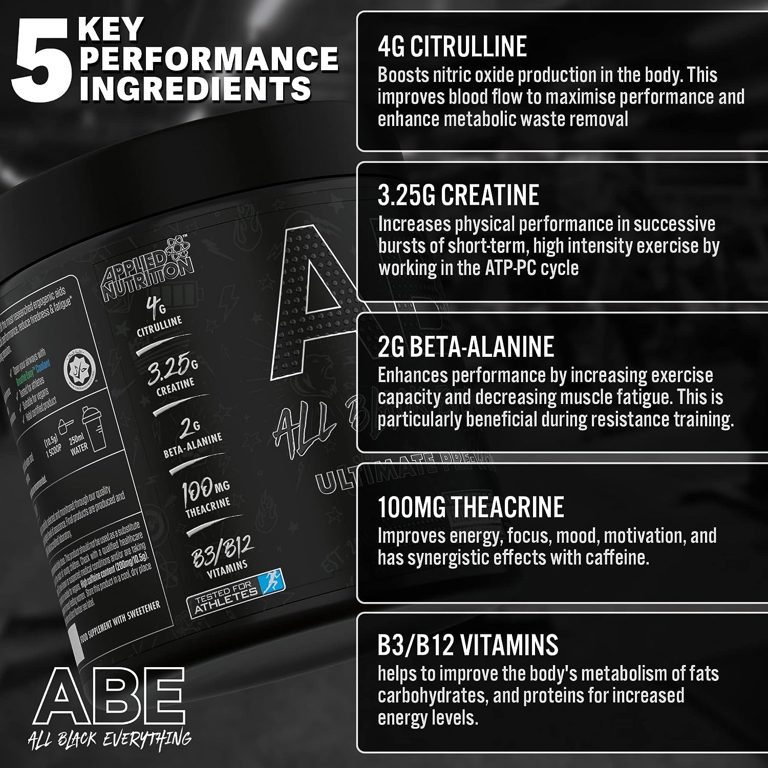 Applied Nutrition ABE Pre Workout - All Black Everything Pre Workout Powder with Citrulline, Creatine, Beta Alanine 315g - 30 Servings Candy Ice Blast