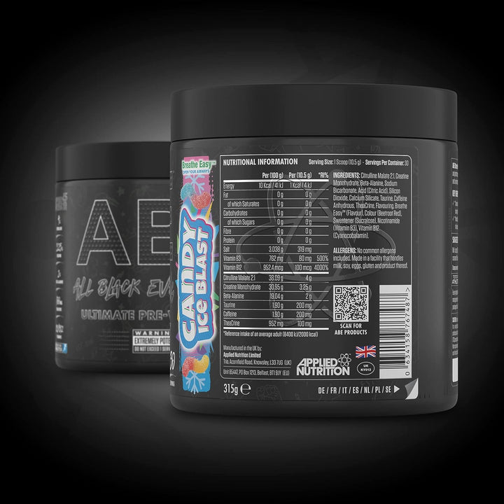 Applied Nutrition ABE Pre Workout - All Black Everything Pre Workout Powder with Citrulline, Creatine, Beta Alanine 315g - 30 Servings Candy Ice Blast