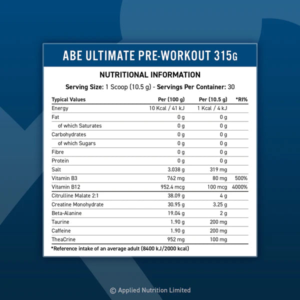 Applied Nutrition ABE Pre Workout - All Black Everything Pre Workout Powder with Citrulline, Creatine, Beta Alanine 315g - 30 Servings Candy Ice Blast