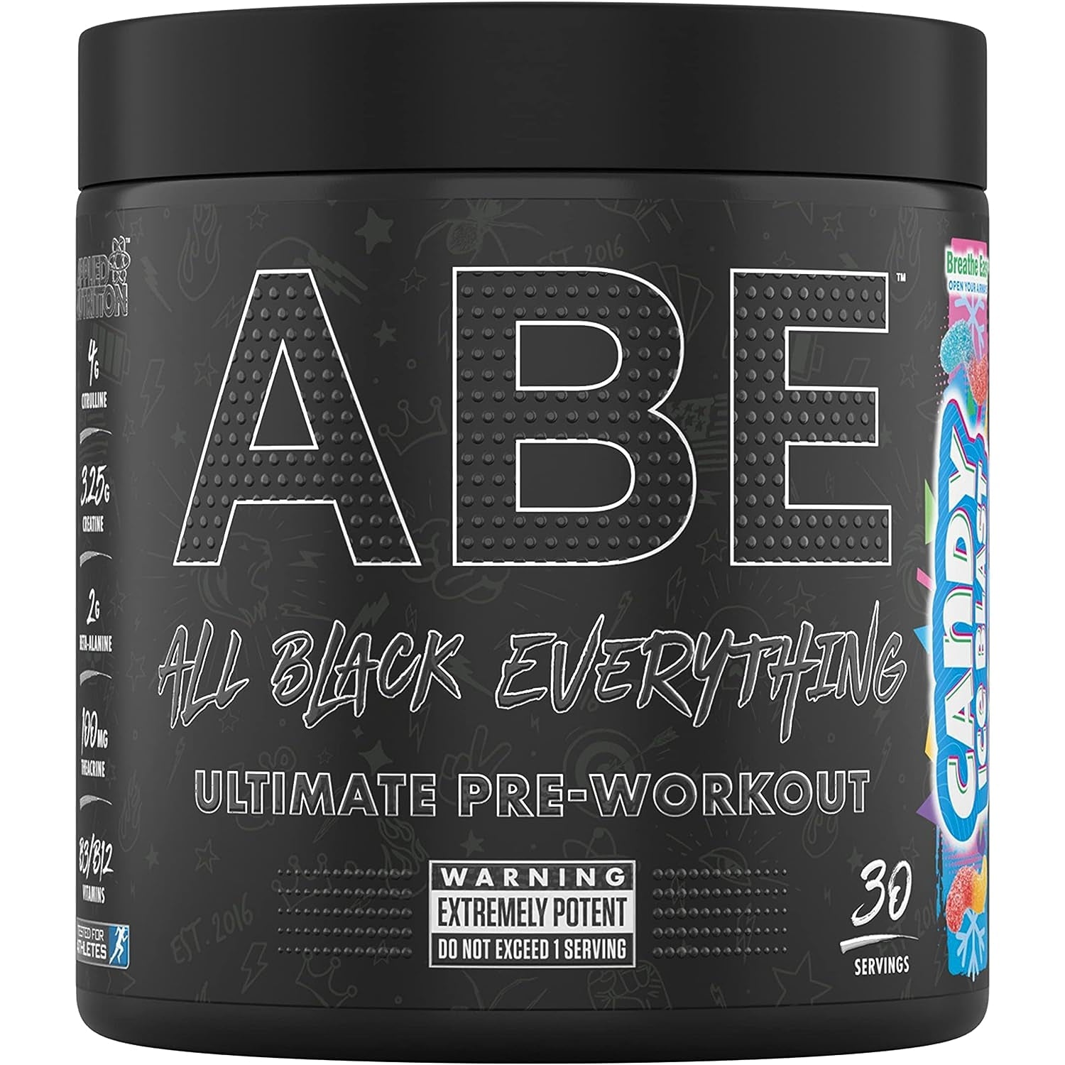 Applied Nutrition ABE Pre Workout - All Black Everything Pre Workout Powder with Citrulline, Creatine, Beta Alanine 315g - 30 Servings Candy Ice Blast