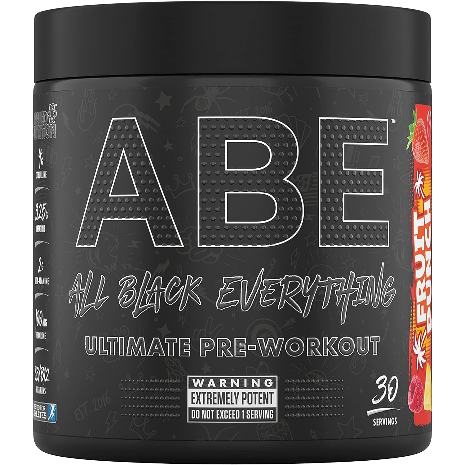Applied Nutrition ABE Pre Workout - All Black Everything Pre Workout Powder with Citrulline, Creatine, Beta Alanine 315g - 30 Servings Fruit Bunch