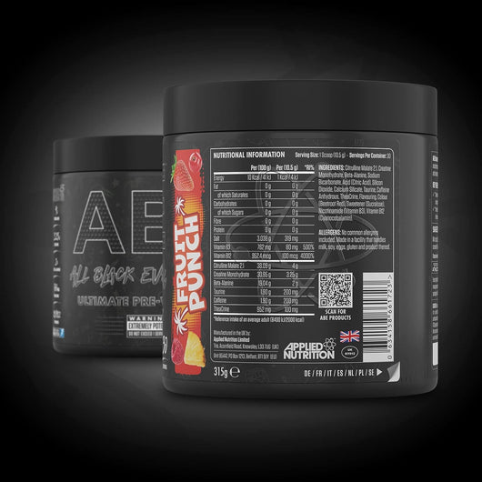 Applied Nutrition ABE Pre Workout - All Black Everything Pre Workout Powder with Citrulline, Creatine, Beta Alanine 315g - 30 Servings Fruit Punch