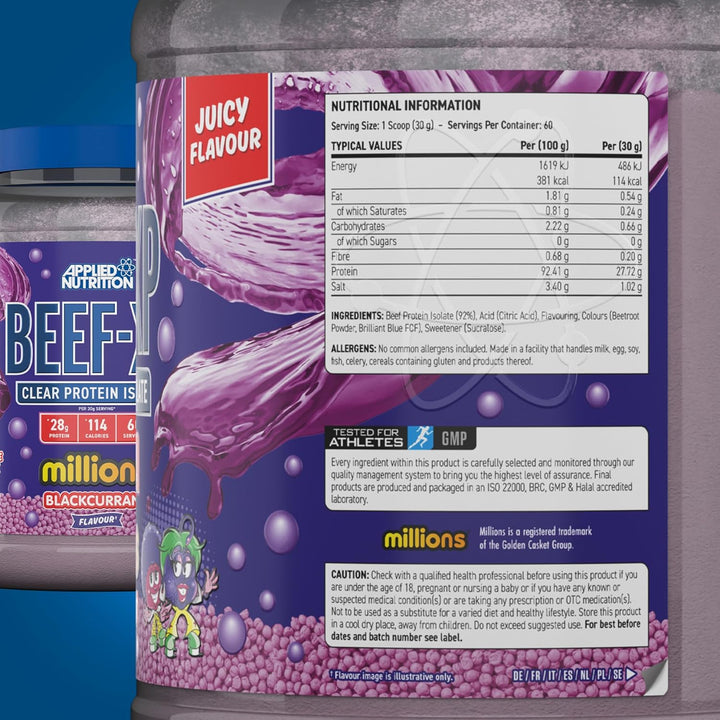 Applied Nutrition Beef-XP Clear Hydrolysed Protein Lactose Free Dairy Free Zero Sugar Blackcurrant Millions 1.8 KG