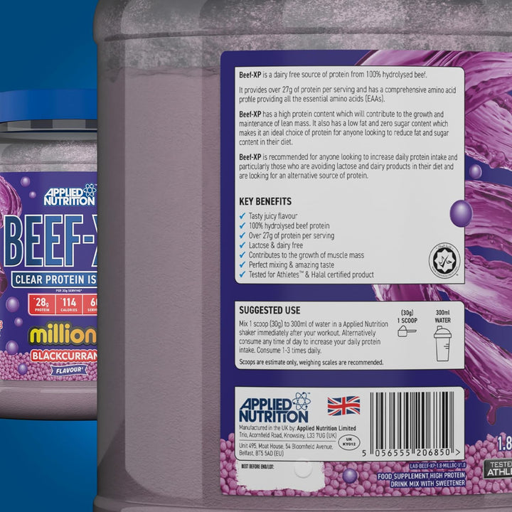 Applied Nutrition Beef-XP Clear Hydrolysed Protein Lactose Free Dairy Free Zero Sugar Blackcurrant Millions 1.8 KG