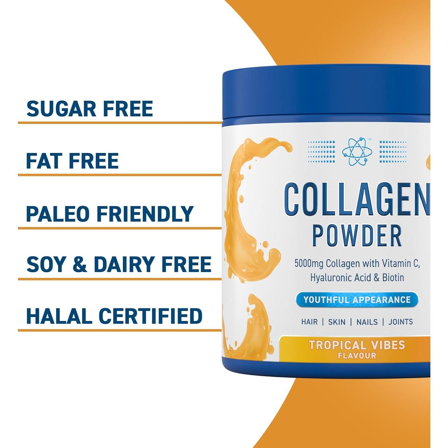 Applied Nutrition Collagen Powder - Tropical Vibes Flavour - 5000mg Hydrolysed Bovine Flavoured Collagen Peptides with Vitamin C, Hyaluronic Acid & Biotin 165g Halal Certified