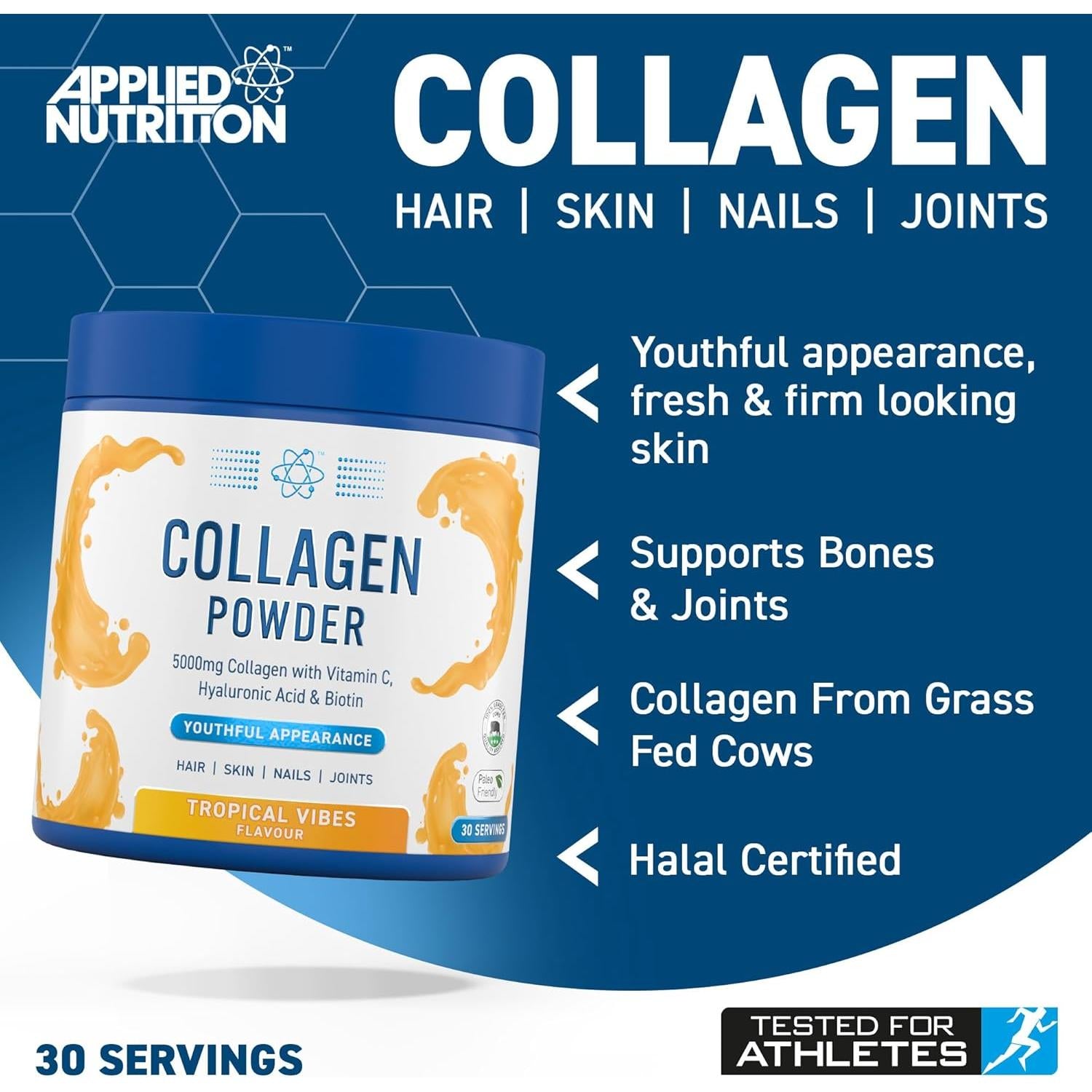 Applied Nutrition Collagen Powder - Tropical Vibes Flavour - 5000mg Hydrolysed Bovine Flavoured Collagen Peptides with Vitamin C, Hyaluronic Acid & Biotin 165g Halal Certified
