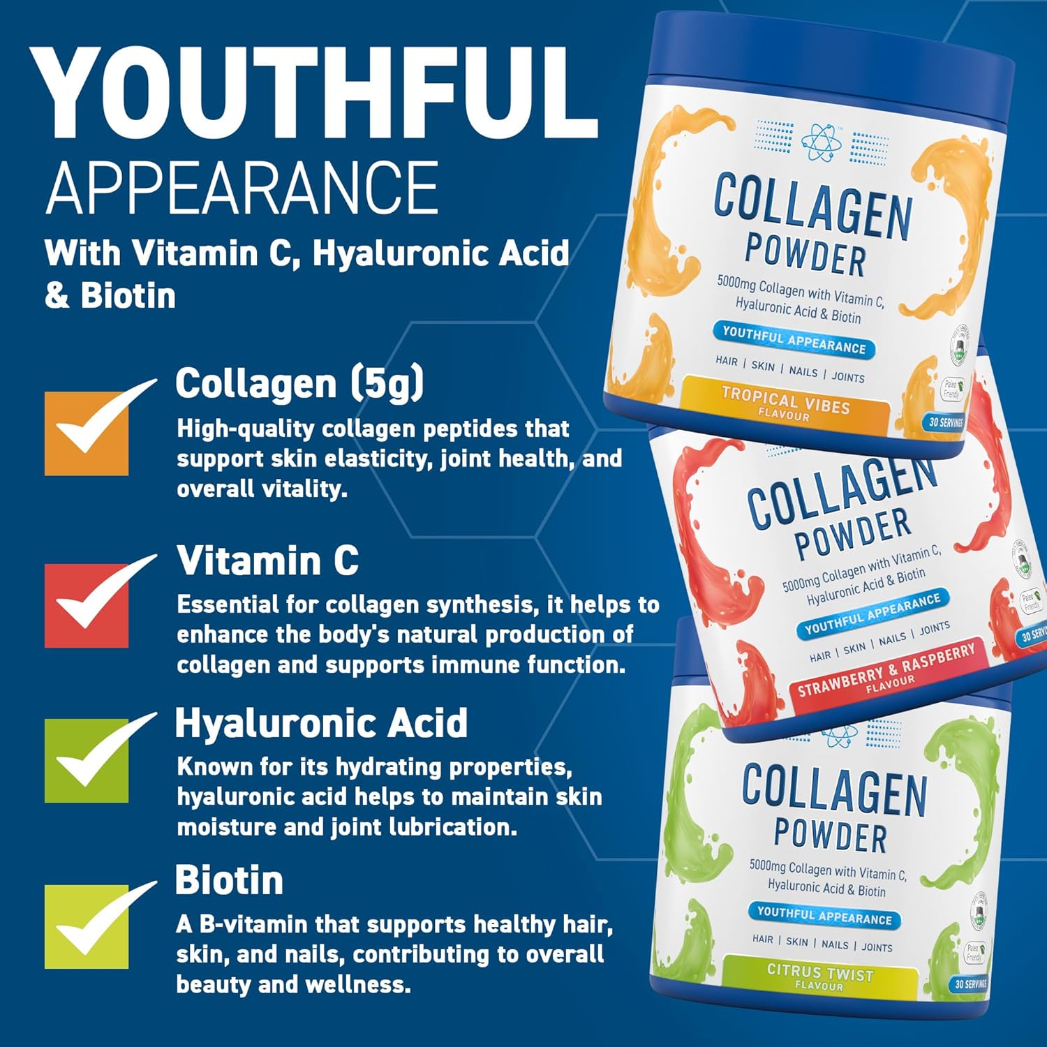 Applied Nutrition Collagen Powder - Tropical Vibes Flavour - 5000mg Hydrolysed Bovine Flavoured Collagen Peptides with Vitamin C, Hyaluronic Acid & Biotin 165g Halal Certified