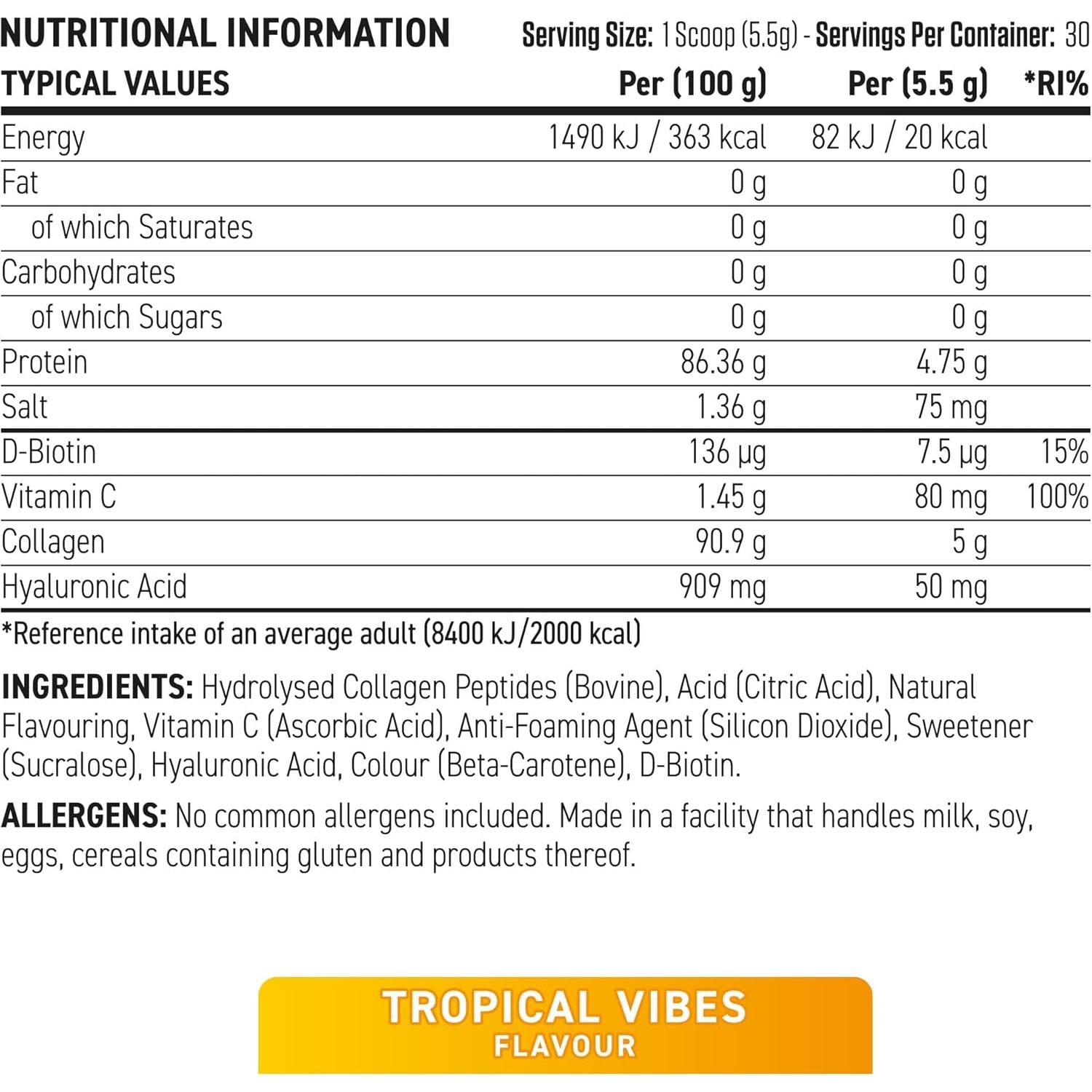 Applied Nutrition Collagen Powder - Tropical Vibes Flavour - 5000mg Hydrolysed Bovine Flavoured Collagen Peptides with Vitamin C, Hyaluronic Acid & Biotin 165g Halal Certified