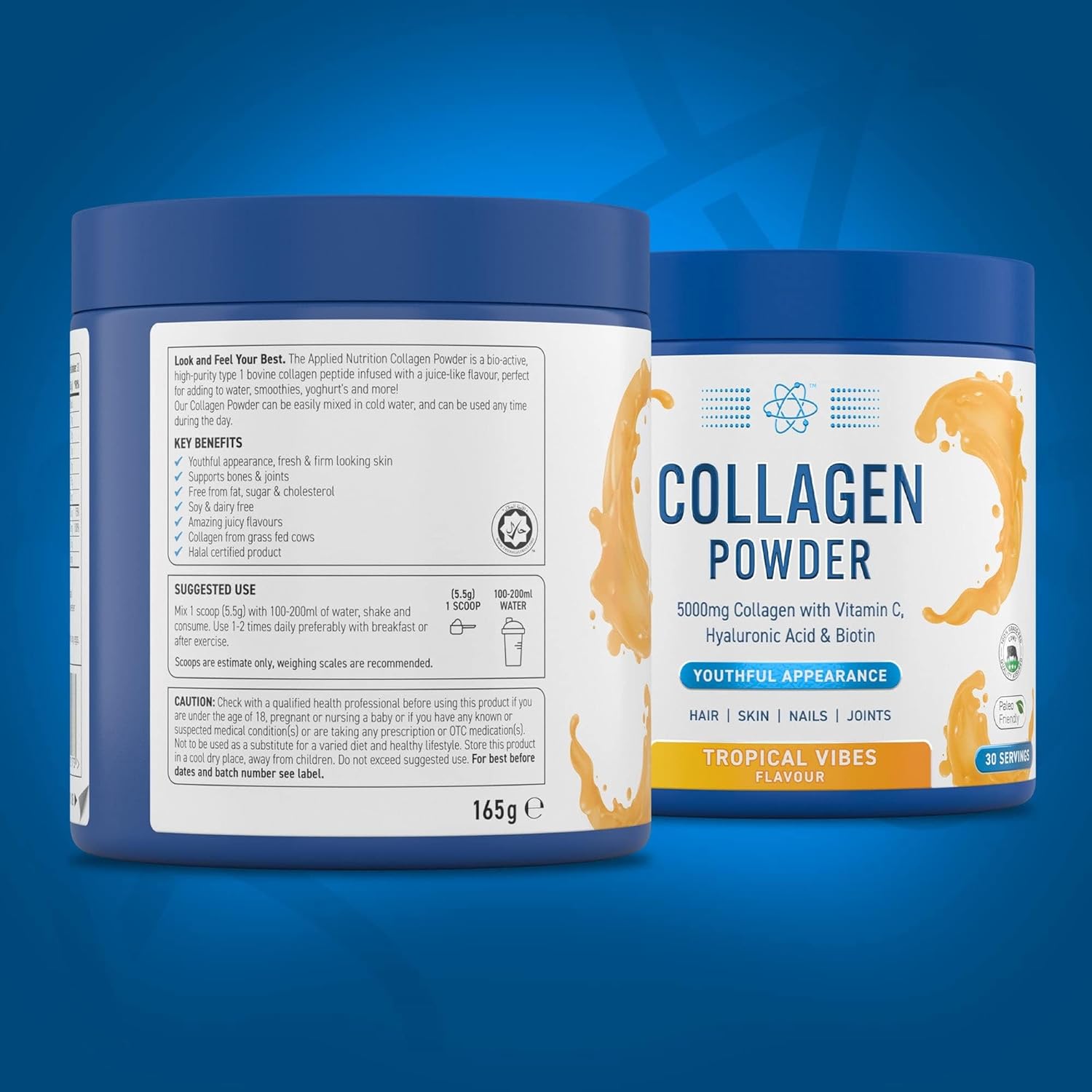 Applied Nutrition Collagen Powder - Tropical Vibes Flavour - 5000mg Hydrolysed Bovine Flavoured Collagen Peptides with Vitamin C, Hyaluronic Acid & Biotin 165g Halal Certified