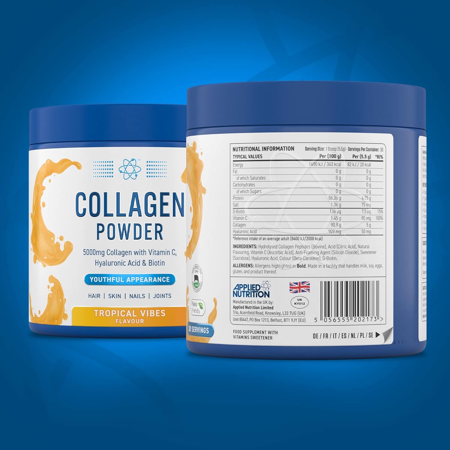 Applied Nutrition Collagen Powder - Tropical Vibes Flavour - 5000mg Hydrolysed Bovine Flavoured Collagen Peptides with Vitamin C, Hyaluronic Acid & Biotin 165g Halal Certified