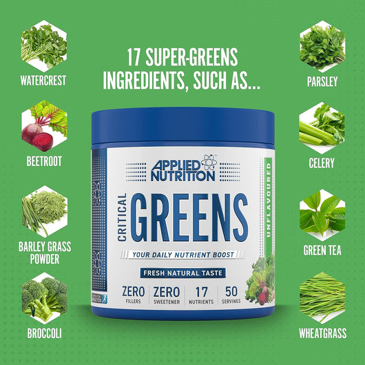 Applied Nutrition Critical Greens Powder with 17 Vital Superfood Nutrients Natural Super Greens Vegan 250g 50 Servings