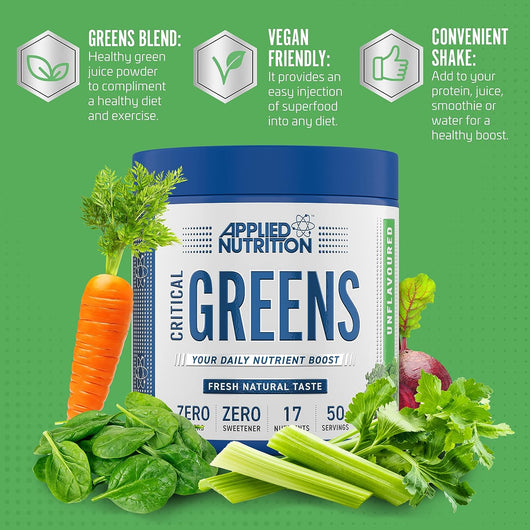 Applied Nutrition Critical Greens Powder with 17 Vital Superfood Nutrients Natural Super Greens Vegan 250g 50 Servings