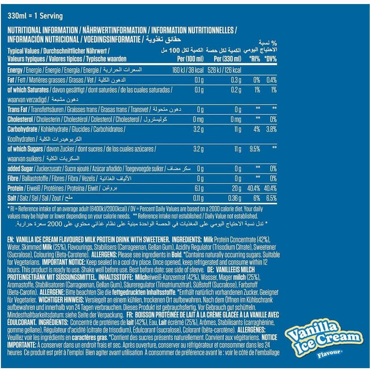 Applied Nutrition High Protein Shake Vanilla Ice Cream Low Fat No Added Sugar 500ml