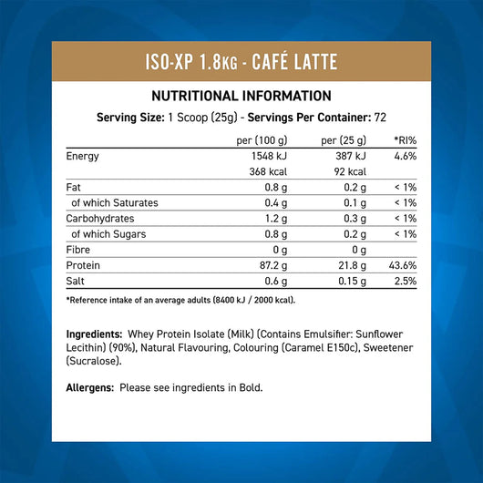 Applied Nutrition ISO-XP Whey Protein Isolate Lactose Free Zero Sugar 0 Carbs 0 Fats Cafe Latte 1.8KG