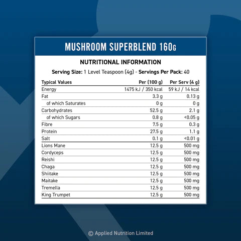 Applied Nutrition Mushroom Superblend with Lions Mane, Reishi, Chaga, Shiitake, Maitake, Tremella, Cordyceps Sinensis, King Trumpet | Vegan & Gluten Free 160g – 40 Servings