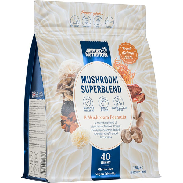 Applied Nutrition Mushroom Superblend with Lions Mane, Reishi, Chaga, Shiitake, Maitake, Tremella, Cordyceps Sinensis, King Trumpet | Vegan & Gluten Free 160g – 40 Servings