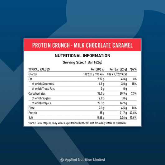 Applied Nutrition Protein Bar Crunch 21g Protein Low Sugar Milk Chocolate Caramel 62g