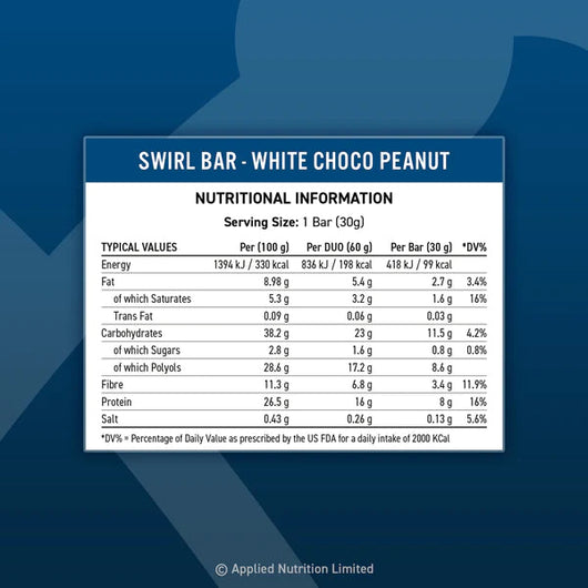 Applied Nutrition Swirl Protein Bars - High Protein, Low Sugar, Gym Snack Bar 60g White Chocolate Peanut