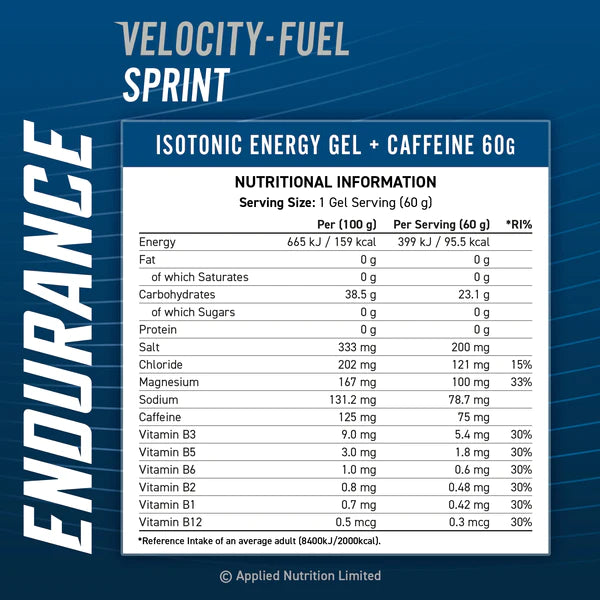 Applied Nutrition Velocity Fuel Sprint Isotonic Energy Gel + Caffeine and Electrolytes Zero Sugar - Fruit Burst