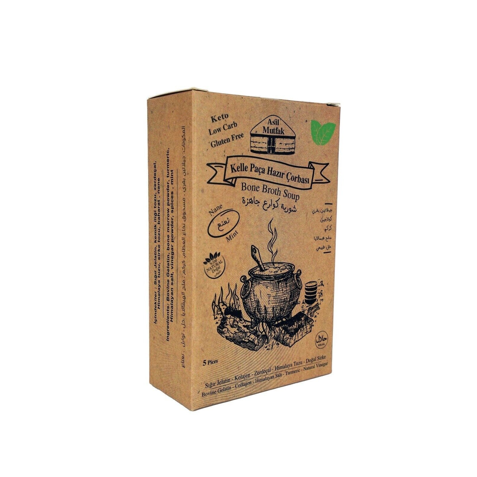 Asil Mutfak Bone Broth Soup Mint 100% Natural Collagen Halal Certified Gluten Free Keto Low Carb 5 Packets