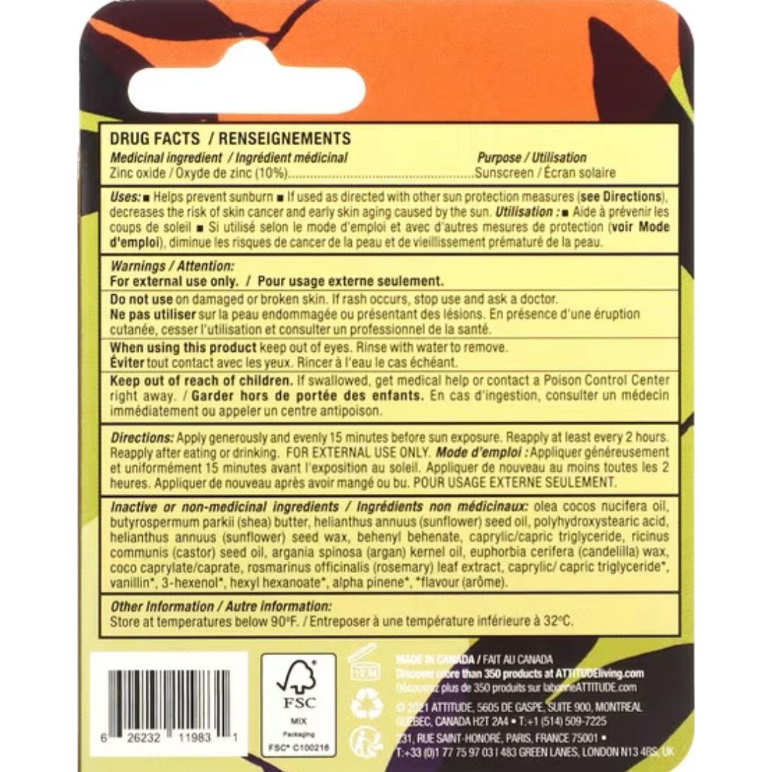 Attitude Lip Balm Leaves Bar Mango .3 oz.