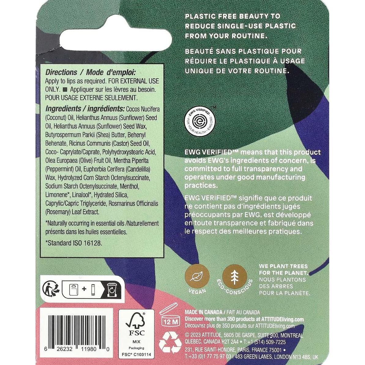 Attitude Lip Balm Leaves Bar Mint .3 oz.