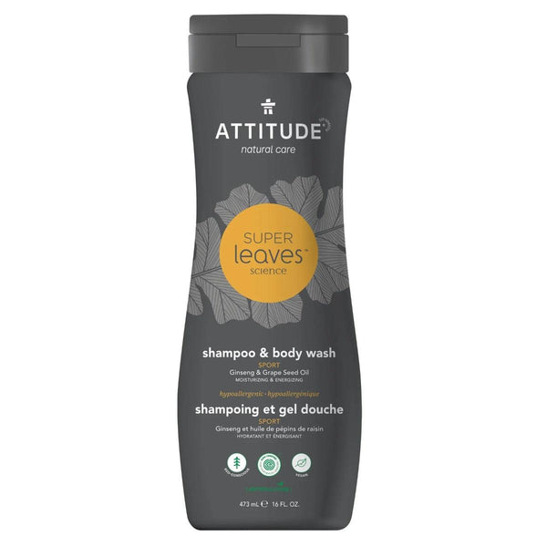 Attitude Super leaves 2-in-1 Sport Shampoo & Body Wash for Men Sulfate Free With Ginseng Extract and Grapeseed 473ml