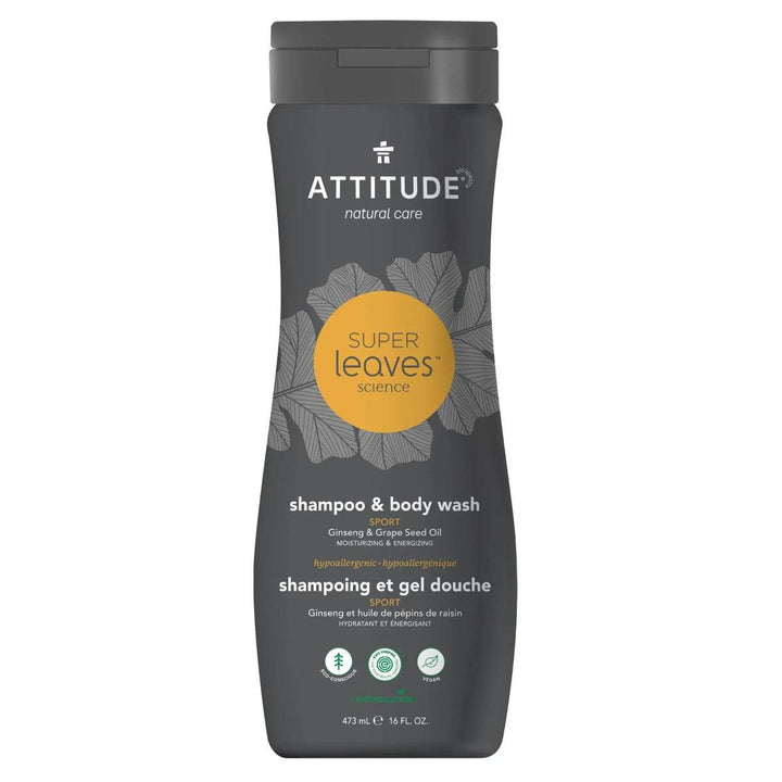 Attitude Super leaves 2-in-1 Sport Shampoo & Body Wash for Men Sulfate Free With Ginseng Extract and Grapeseed 473ml