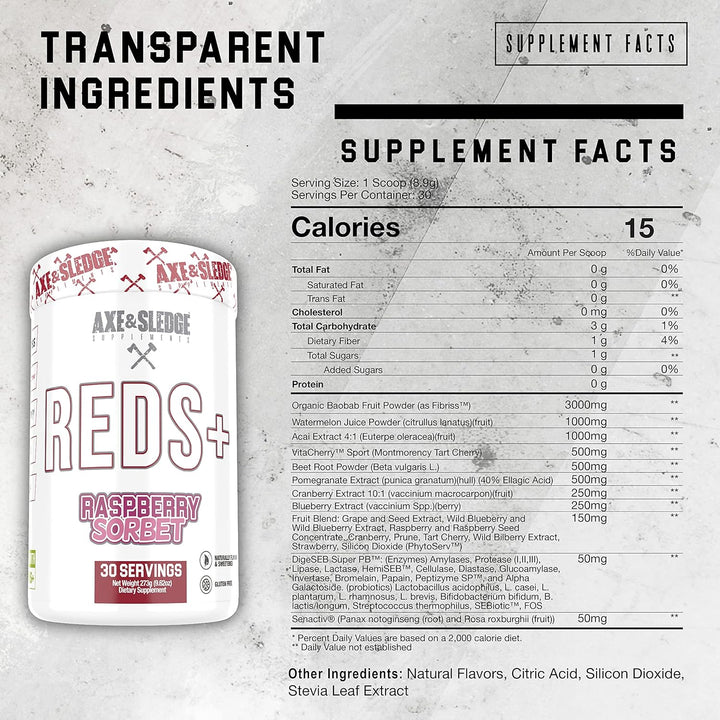 Axe & Sledge Reds+ Superfood Powder with Acai Beetroot Pomegrante, Antioxidants, Digestive Enzymes, Probiotics, Prebiotics, 30 Servings - Raspberry Sorbet