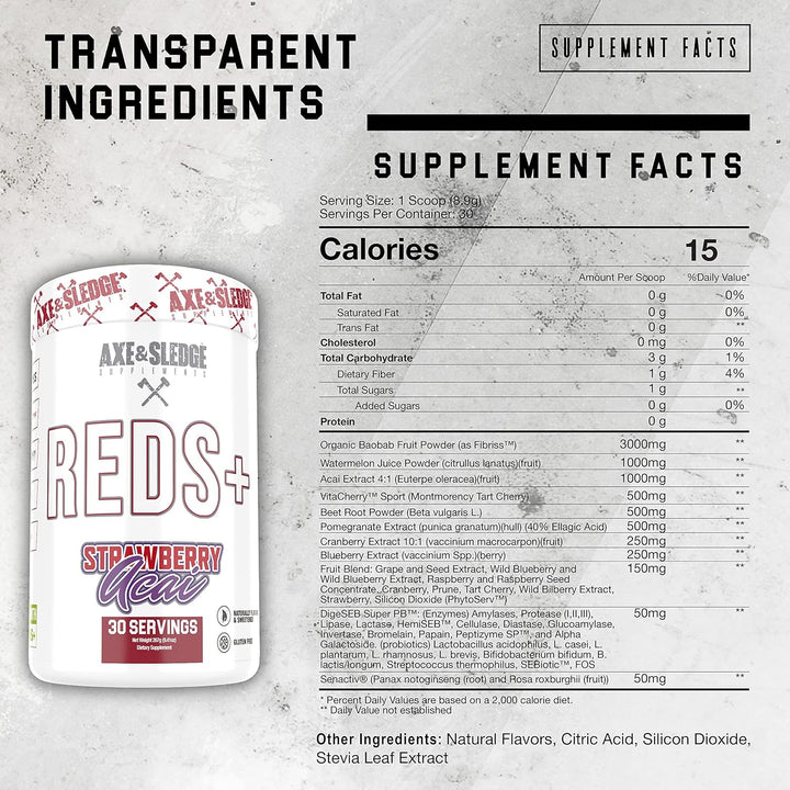 Axe & Sledge Reds+ Superfood Powder with Acai Beetroot Pomegrante, Antioxidants, Digestive Enzymes, Probiotics, Prebiotics, 30 Servings - Strawberry Acai