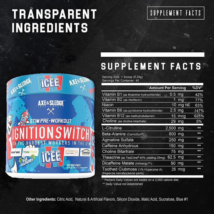 Axe & Sledge Stim Pre-Workout Ignition Switch Icee Blue Raspberry 210g