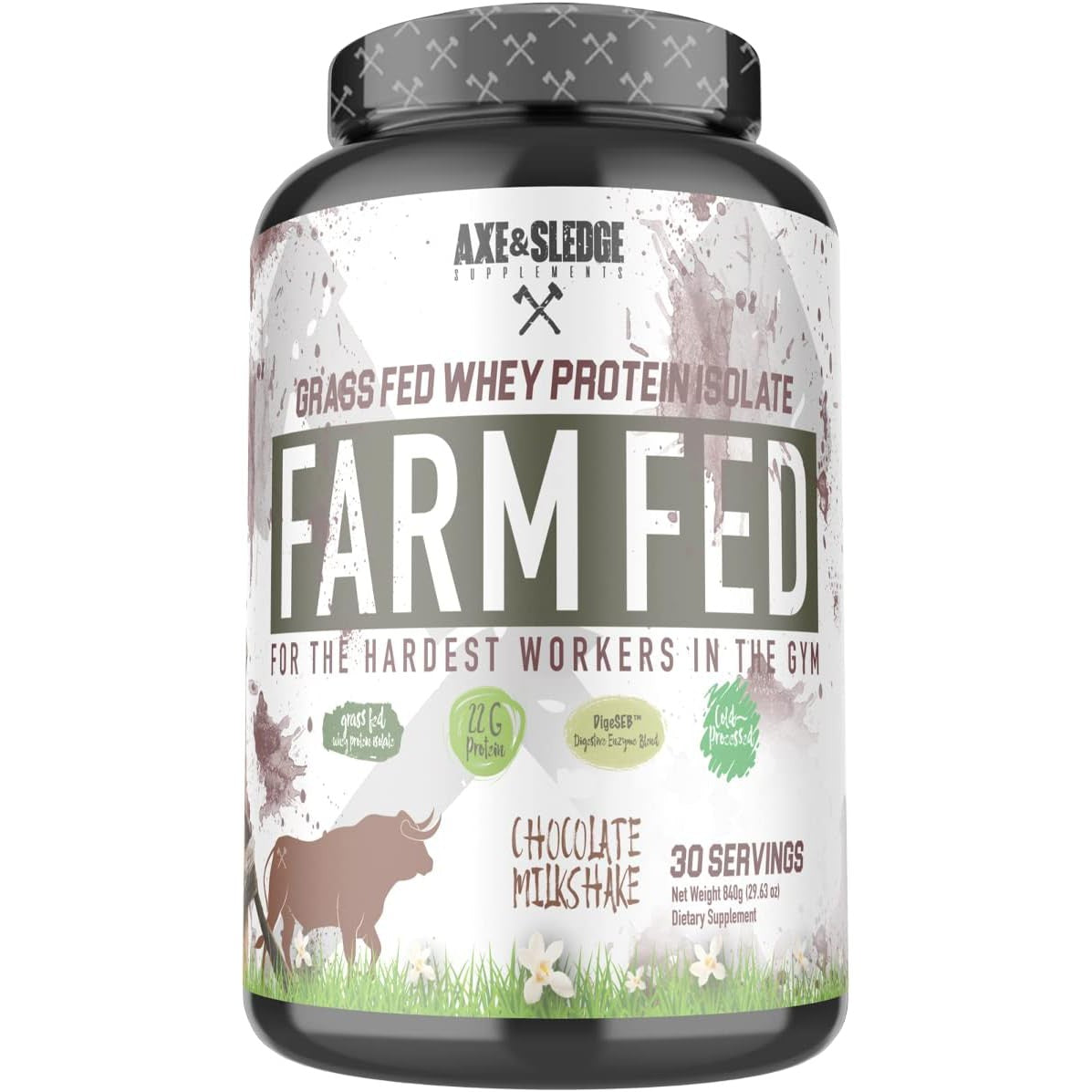 Axe & Sledge Supplements Farm Fed Grass-Fed Whey Protein Isolate with Digestive Enzymes, 22 Grams Protein, 840g 30 Servings - Chocolate Milkshake