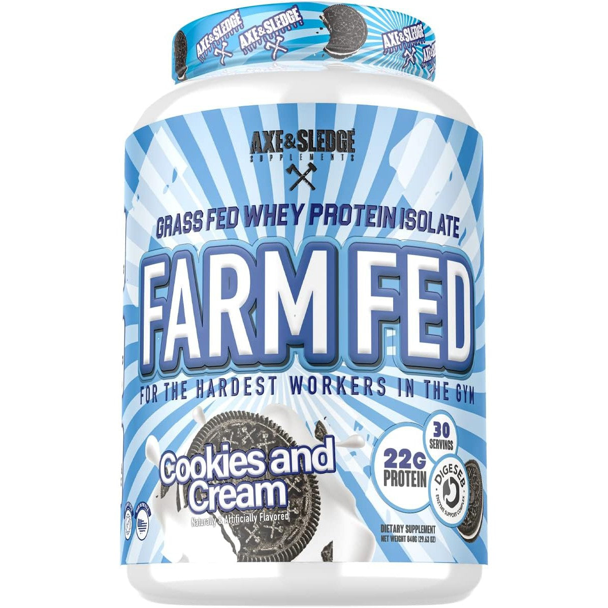 Axe & Sledge Supplements Farm Fed Grass-Fed Whey Protein Isolate with Digestive Enzymes, 22 Grams Protein, 840g 30 Servings - Cookies and Cream