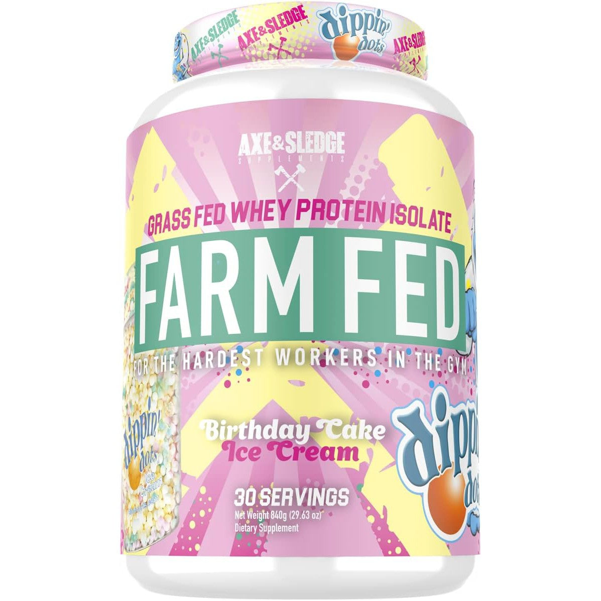 Axe & Sledge Supplements Farm Fed Grass-Fed Whey Protein Isolate with Digestive Enzymes, 22 Grams Protein, 840g 30 Servings - Dippin' Dots Birthday Cake Ice Cream