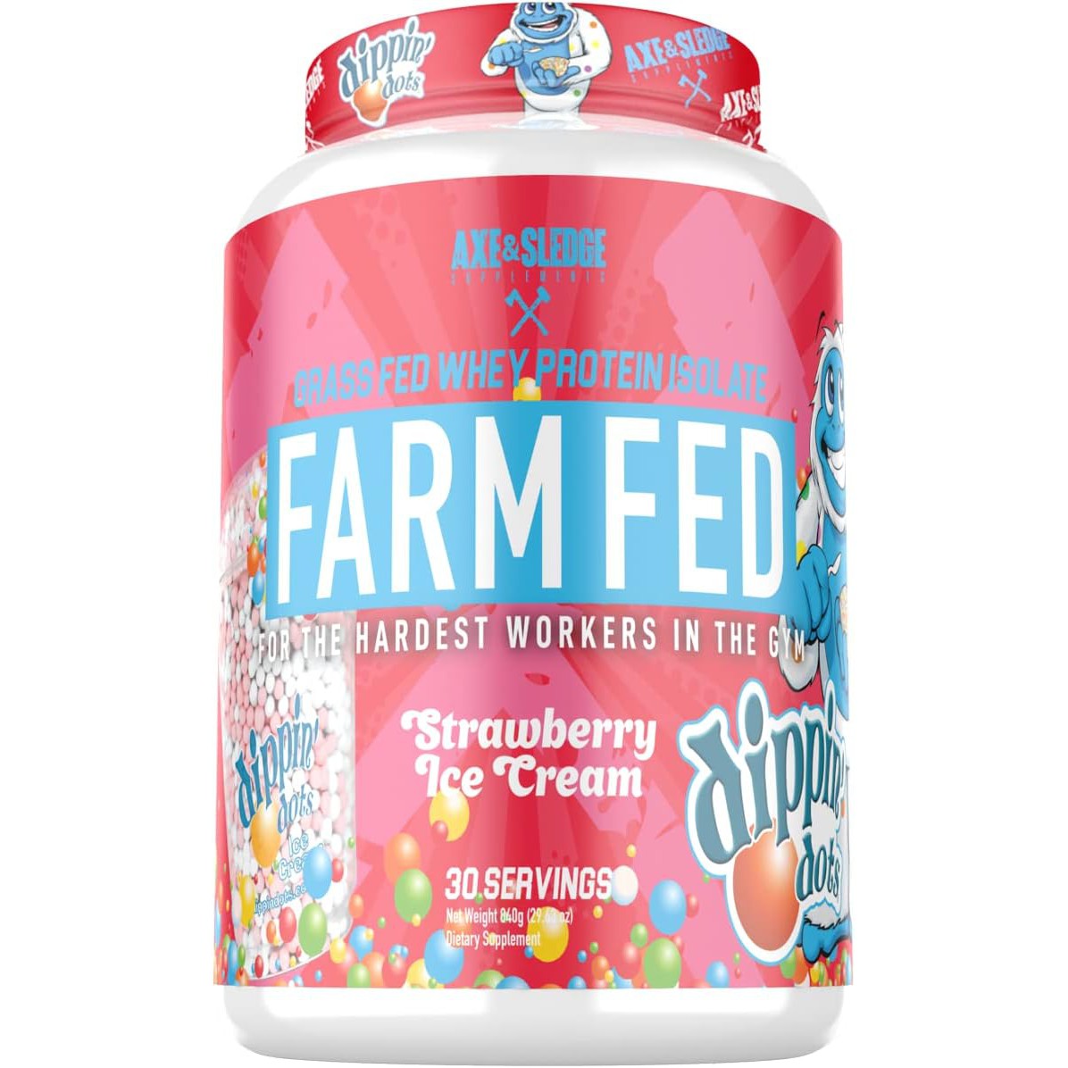 Axe & Sledge Supplements Farm Fed Grass-Fed Whey Protein Isolate with Digestive Enzymes, 22 Grams Protein, 840g 30 Servings - Dippin' Dots Strawberry Ice Cream