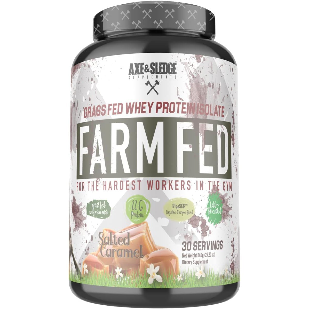 Axe & Sledge Supplements Farm Fed Grass-Fed Whey Protein Isolate with Digestive Enzymes, 22 Grams Protein, 840g 30 Servings - Salted Caramel
