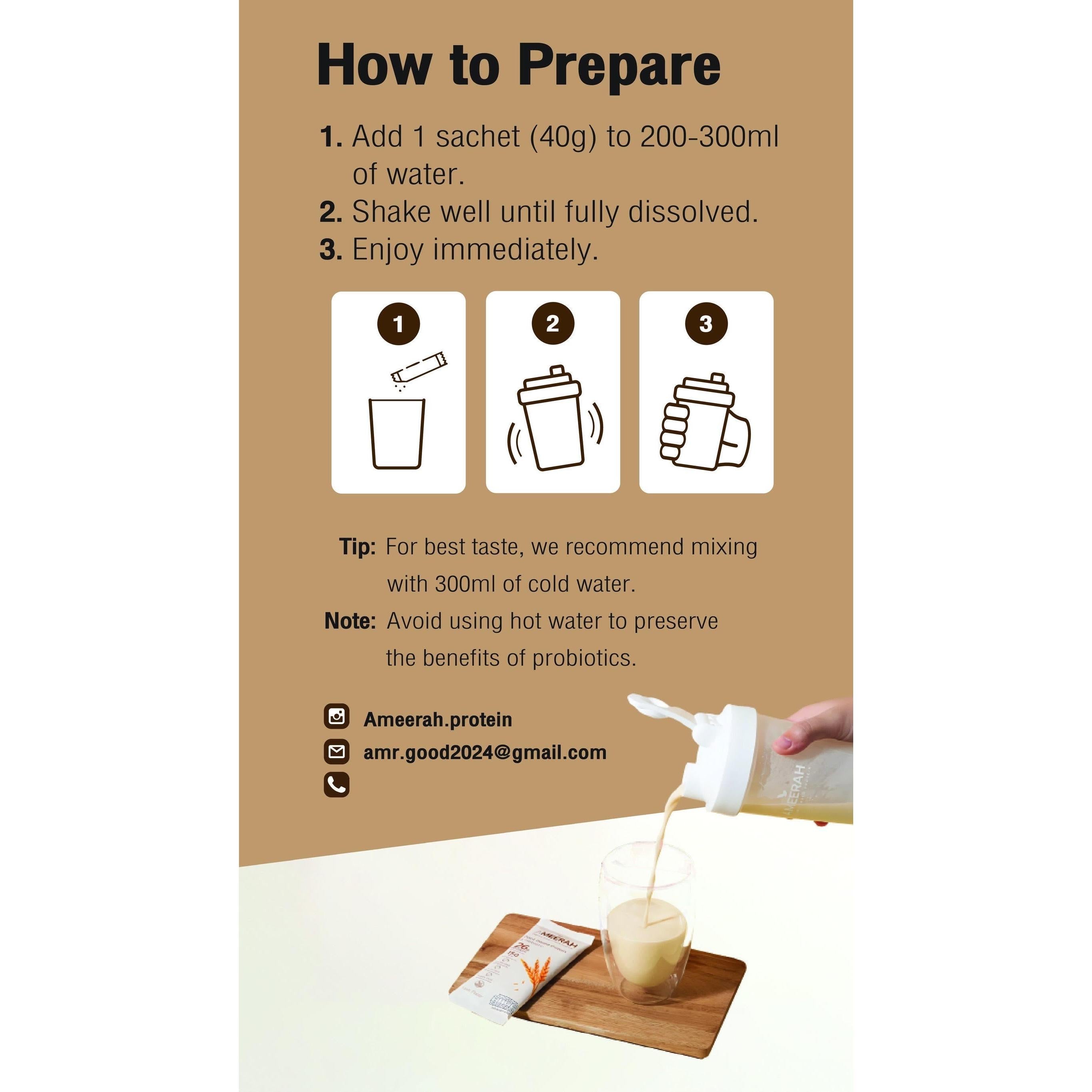 أميره مسحوق البروتين والبروبيوتيك النباتي 26 جرام بروتين خالي من السكر بنكهة الشعير 40 جرام