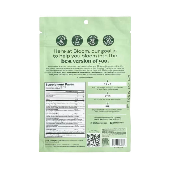 BLOOM Greens & Superfoods BERRY Flavored 5 Stick Packs