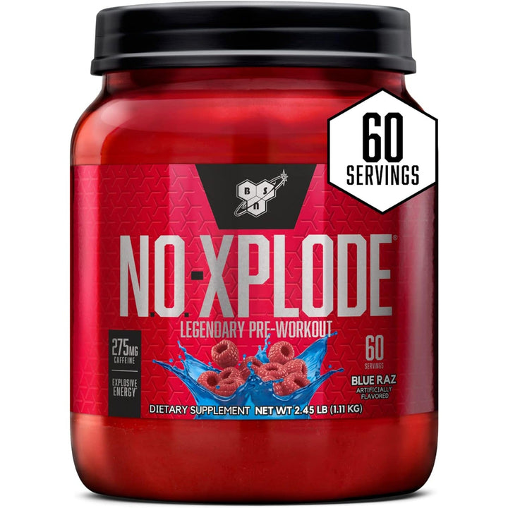 BSN N.O.-XPLODE Pre Workout Supplement with Creatine, Beta-Alanine Blue Raz, 60 Servings