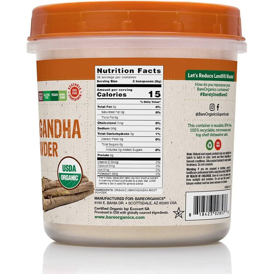 BareOrganics Organic Ashwagandha Root Powder Gluten-Free & Non-GMO 227g