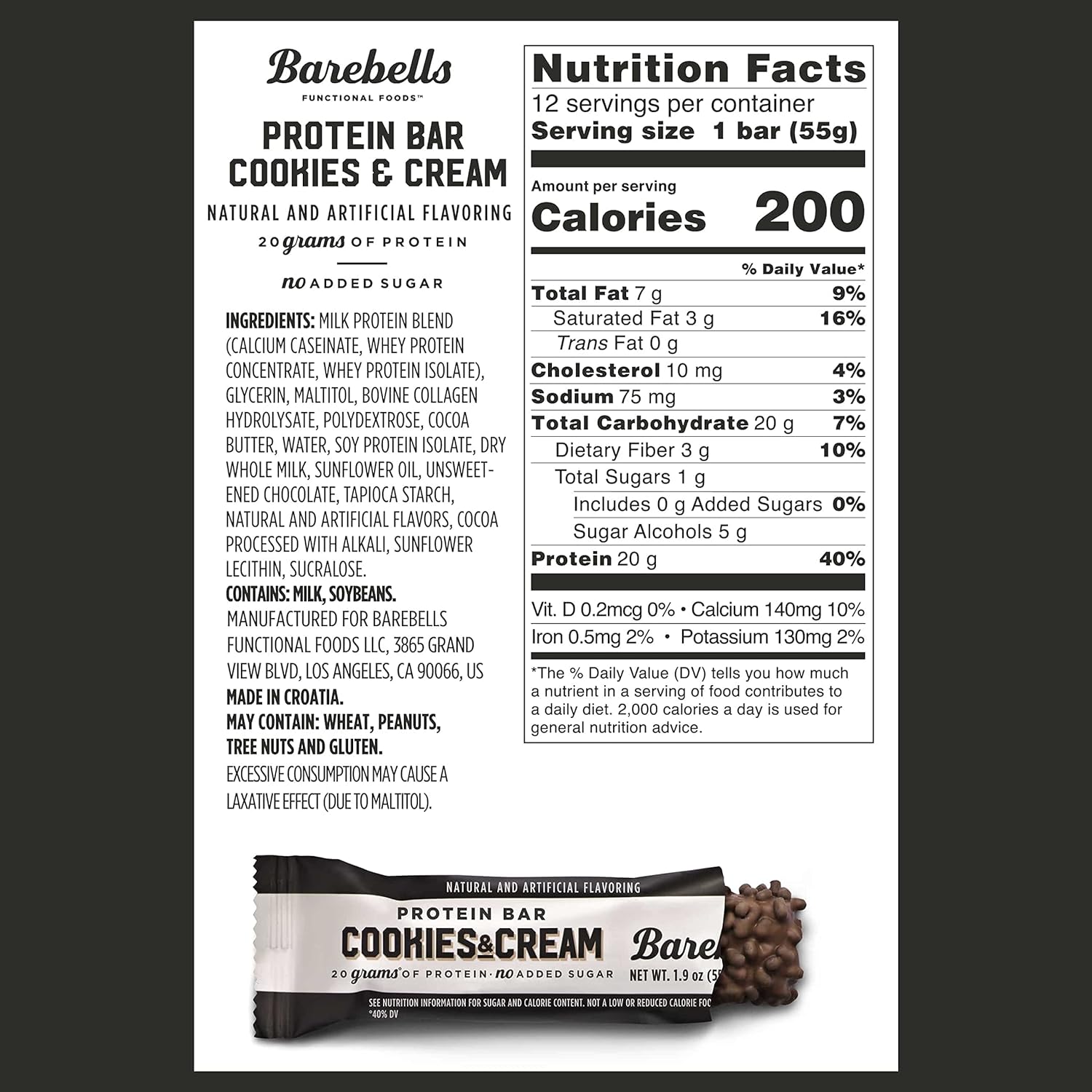 Barebells Protein Bar Cookies & Cream 20g Protein No Added Sugar 55g