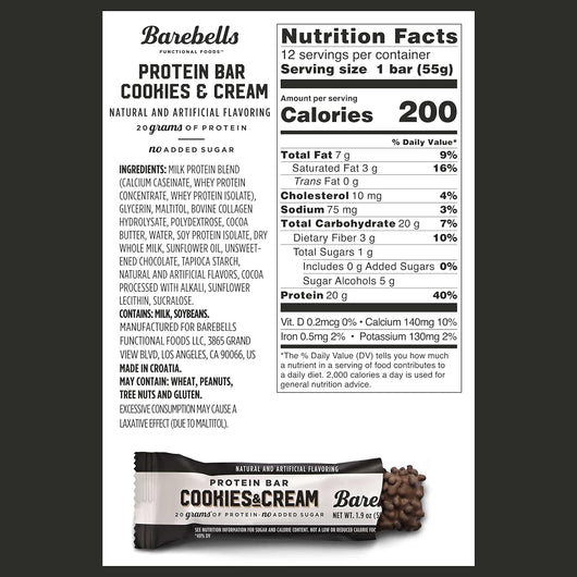 Barebells Protein Bar Cookies & Cream 20g Protein No Added Sugar 55g