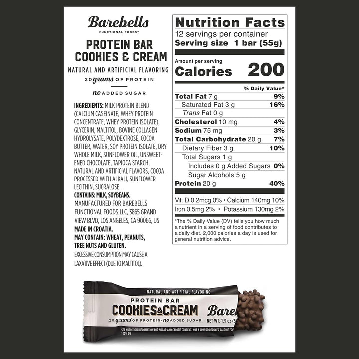 Barebells Protein Bar Cookies & Cream 20g Protein No Added Sugar 55g