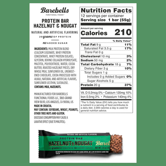 Barebells Protein Bar Hazelnut Nougat 20g Protein No Added Sugar 55g