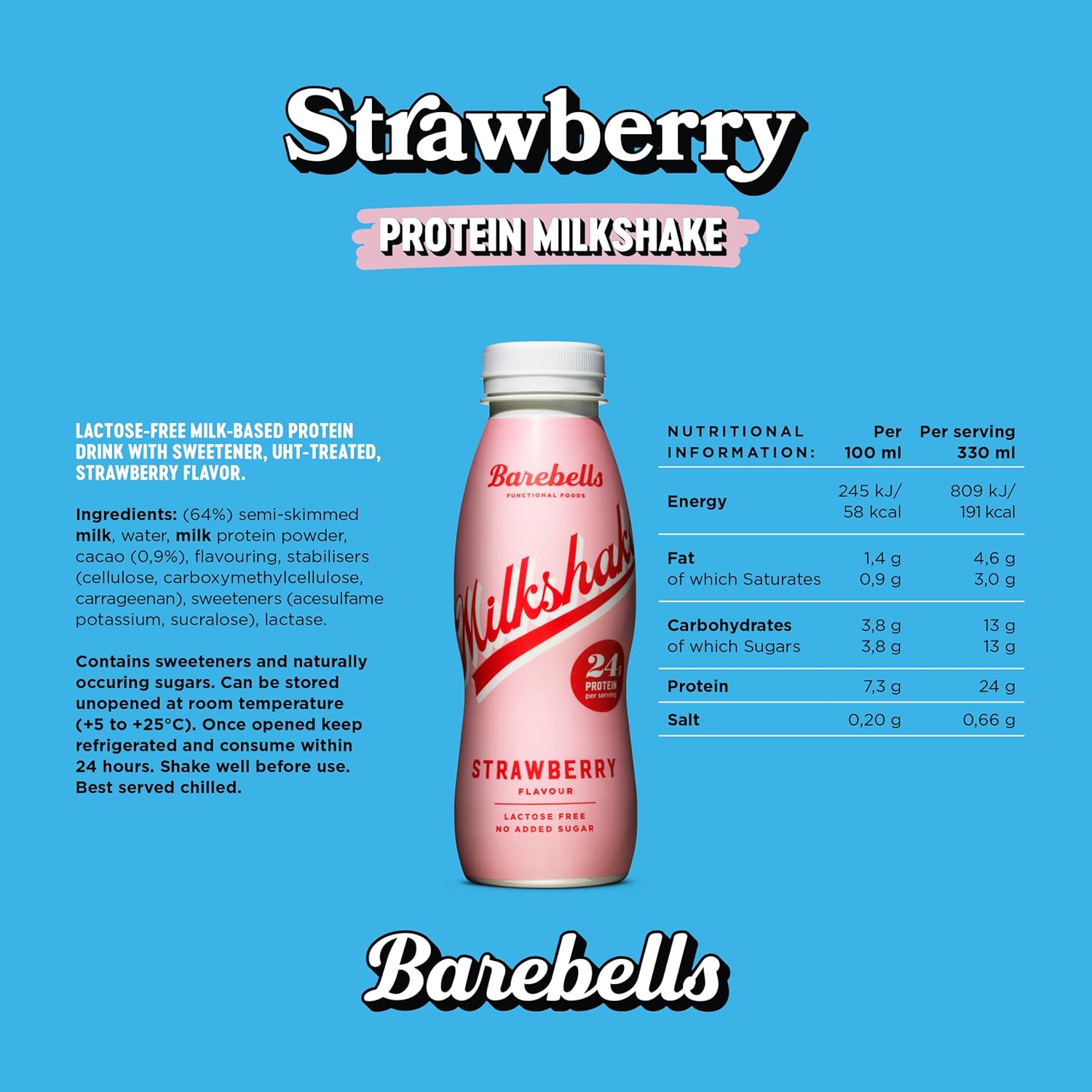Barebells Protein Shake Strawberry No Added Sugar Lactose Free 330ml