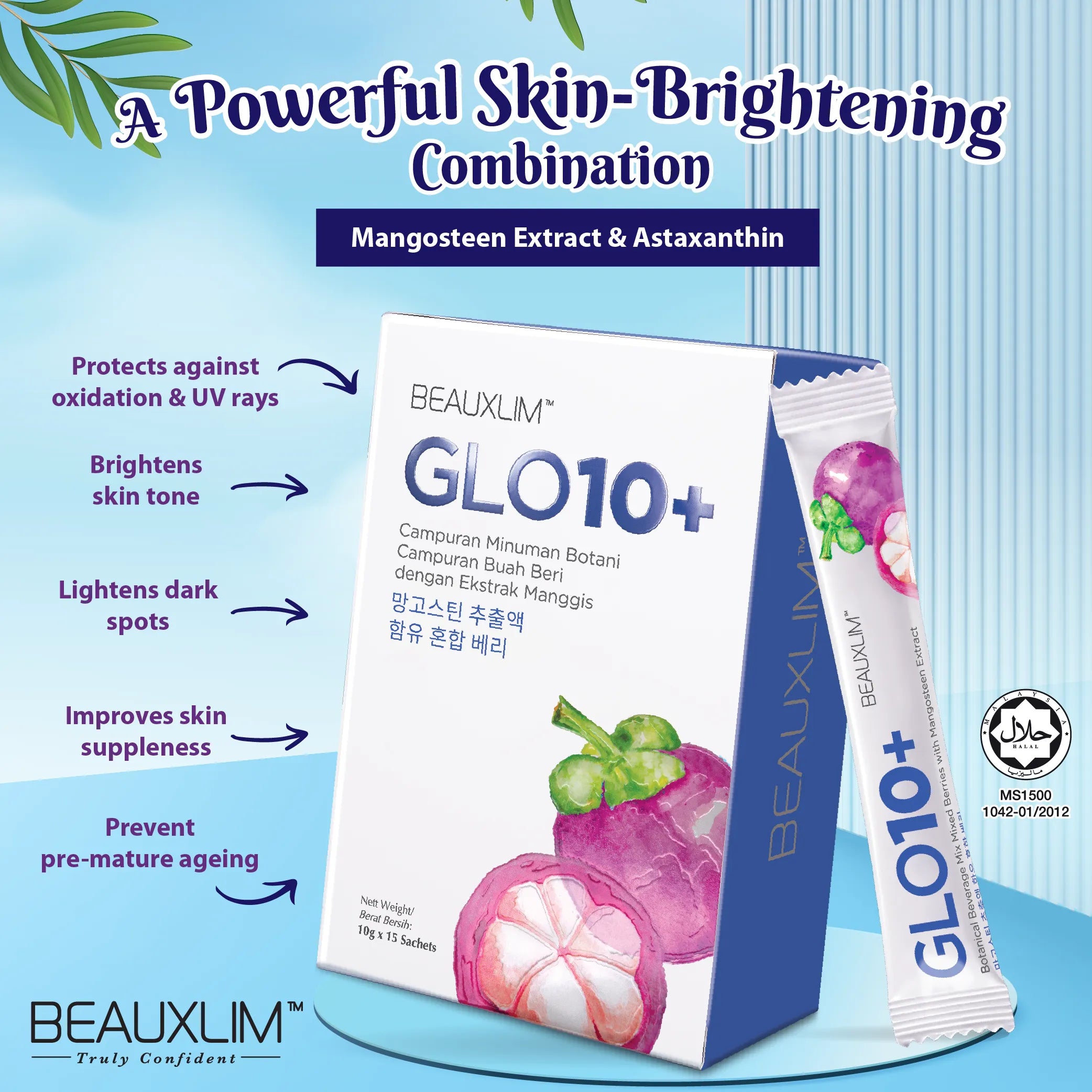 Beauxlim Glo10+ Mangosteen Extract and Astaxanthin with Marine Collagen (10g X 15 Sachets)