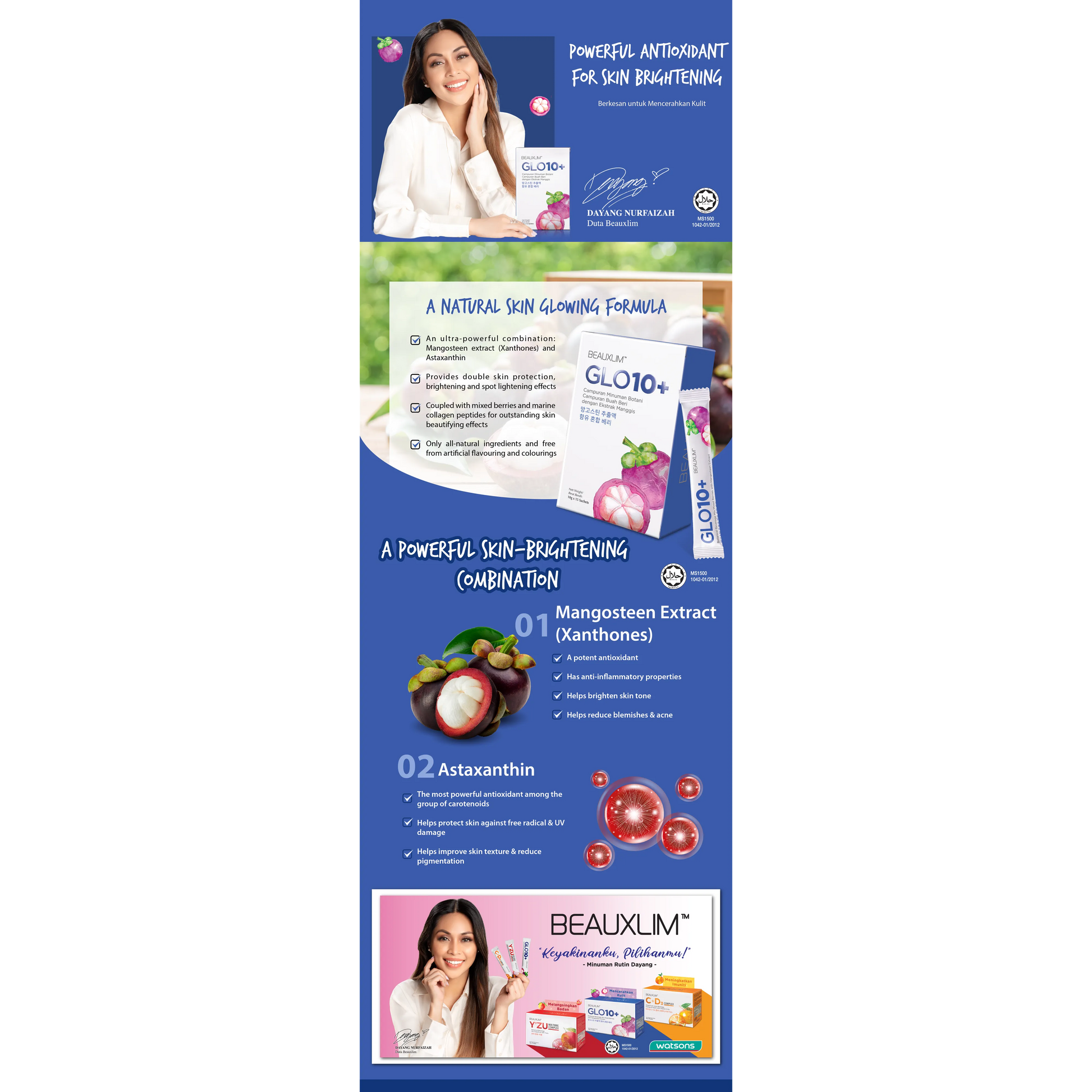 Beauxlim Glo10+ Mangosteen Extract and Astaxanthin with Marine Collagen (10g X 15 Sachets)